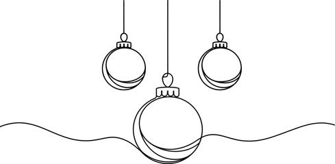 Three christmas bauble ornaments hanging in a simple continuous line art style for holiday decoration and festive winter season greeting card design elements © Raj Creator