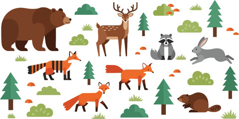 Obraz premium Forest animals set bear deer fox raccoon rabbit and beaver in woodland landscape nature wildlife cartoon vector illustration collection