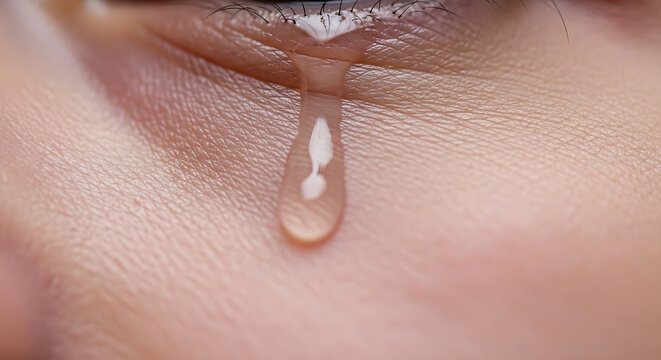 Close-up of a crying eye with a tear drop