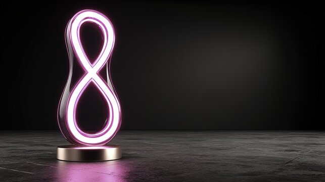 Neon number eight glowing on a dark background with a metallic base