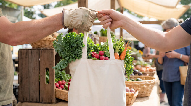 vendor handing canvas tote bag vegetables outdoor farmers market together gloves bond sharing food community care produce wicker baskets radishes sunshine warmth connection daily kindness