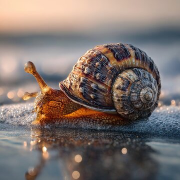 Large spiral sea snail shell resting on wet reflective sand during golden hour with bokeh water droplets. AI generated image