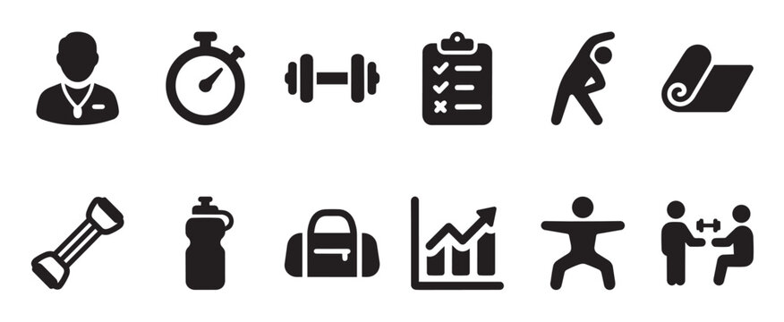 A collection of black and white icons representing various fitness and healthcare elements, including a doctor, stopwatch, dumbbell, checklist, stretching person, yoga mat, resistance band.