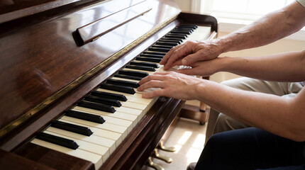 Fototapeta premium adult guiding hands piano keys together music teaching bond learning skill care connection home upright keyboard close practice leisure indoor lifestyle warm love mentoring creative