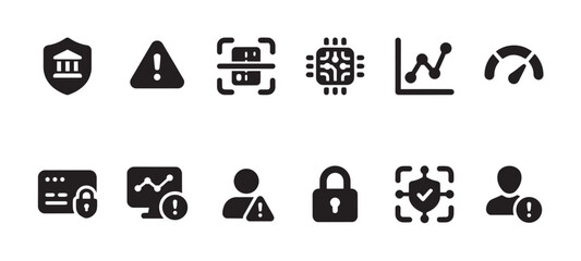 Obraz premium A collection of black vector icons depicting security concepts like banking, warnings, scanning, technology, and data analysis, suitable for digital use.