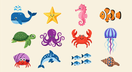 Colorful marine life illustration set © Corvus