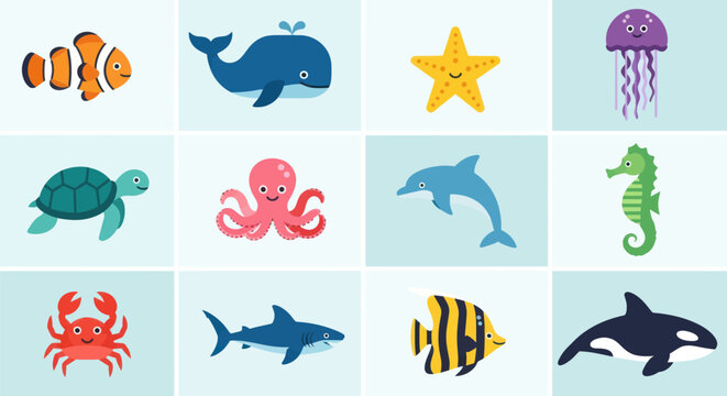 Colorful marine life illustration set