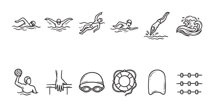 A collection of black and white hand-drawn icons representing various swimming sports and water activities, including strokes, diving, water polo, and equipment.