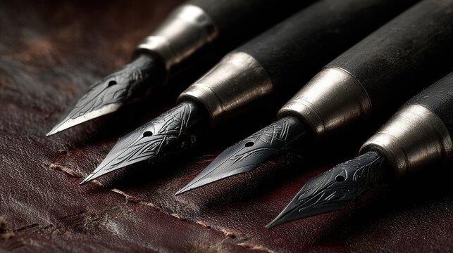 Collection of intricately detailed vintage fountain pens with gleaming metal nibs arranged on a textured surface