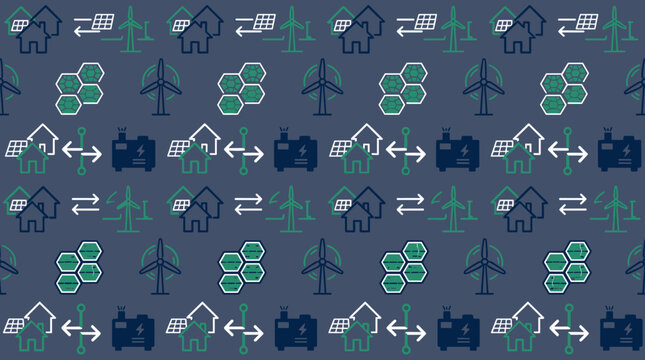 Microgrid technology symbols and decentralized power icons arranged in a sophisticated seamless repeating pattern for local energy