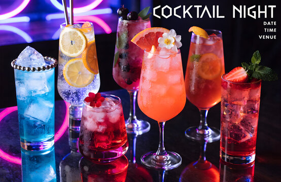 Cocktail Night event poster with colorful summer drinks, vibrant neon bar background, assorted tropical mixed drinks with fruit garnishes