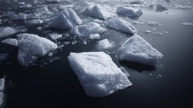 Floating ice chunks on dark water surface