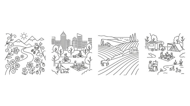 Set of four linear landscape illustrations for coloring book pages with nature and travel.