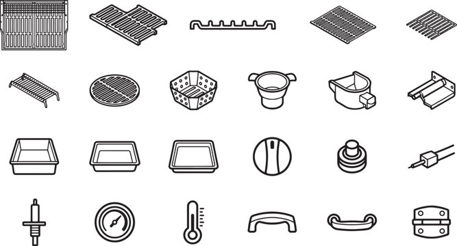 Collection of industrial parts and components, showcasing a variety of utilitarian elements in a clean, graphic style, highlighting their design.