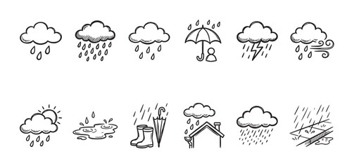 Obraz premium A collection of simple, hand-drawn black and white icons representing various weather conditions including rain, thunder, wind, sun, and puddles.
