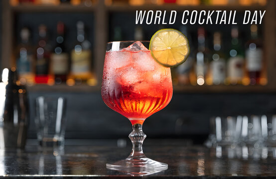 World Cocktail Day celebration banner, refreshing red spritz cocktail with lime garnish, vibrant aperitif drink in elegant glassware on bar counter