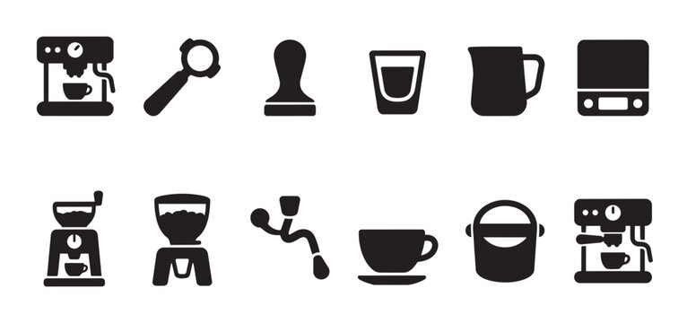 Collection of black coffee making equipment icons, including espresso machine, grinder, tamper, cup, and scale on a white background.
