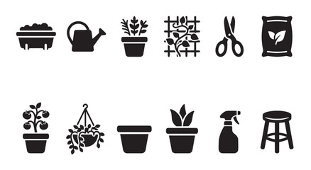 Obraz premium A collection of silhouette icons related to gardening including plants pots watering can scissors and soil conveying growth and care.