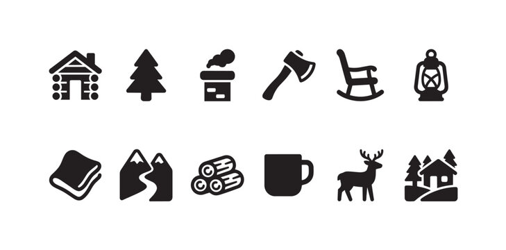 A collection of simple black icons depicting elements of cabin life, including a log cabin, trees, axe, rocking chair, lantern, and wildlife.