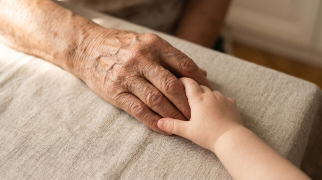 Tender senior holding child hand with care