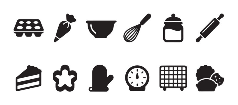 Collection of simple black icons depicting baking tools and finished treats like cookies, cake, and pastries on a white background.