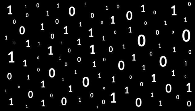 Digital binary matrix vector background with scattered zeros and ones on black background in high contrast minimal tech style