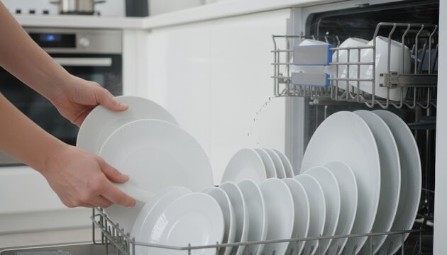 Stacking clean plates in a modern kitchen dishwasher during a busy afternoon routine