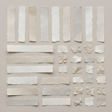 Collection of assorted torn paper strips and pieces in various shapes and sizes on a beige background