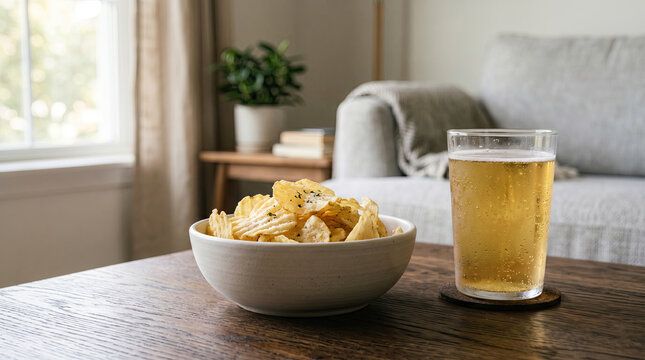 Relaxing beer and potato chip snack on wooden table