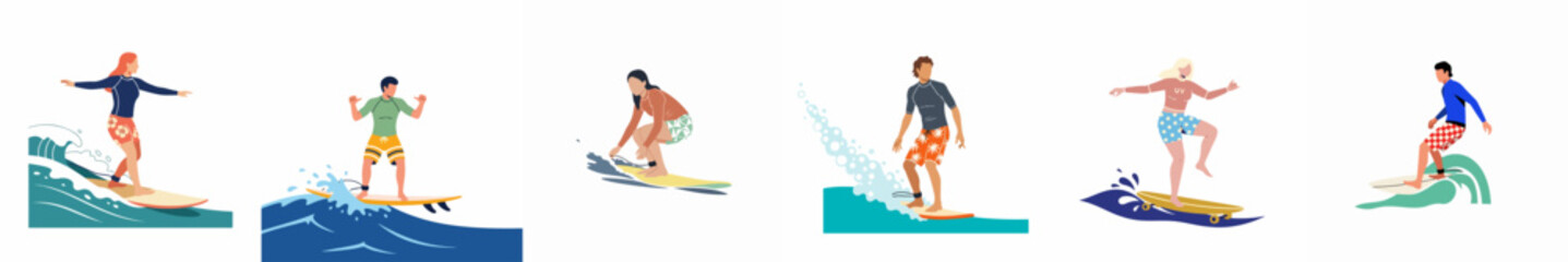 Naklejka premium Collection of diverse surfers catching waves, flat design illustration of men and women enjoying surfing and summer beach activities isolated on white.