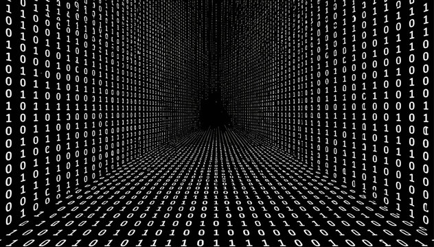 Matrix style data tunnel vector background with sharp binary digits perspective and high contrast black and white digital depth
