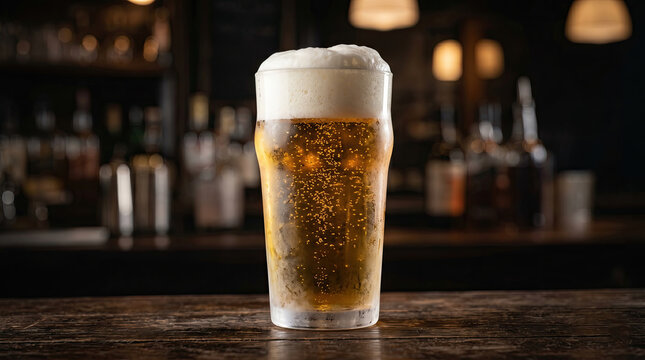Cold refreshing pint of beer with foam on bar