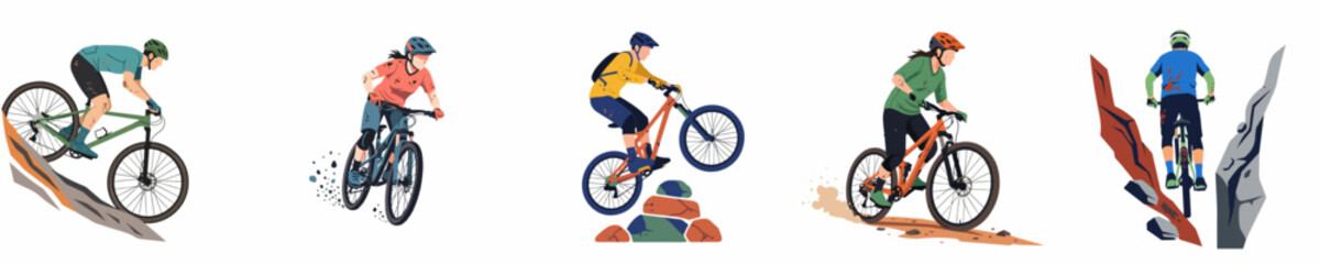 Fototapeta premium Set of mountain biking illustrations featuring male and female cyclists navigating rocky terrain, jumps, and trails in a flat vector style.