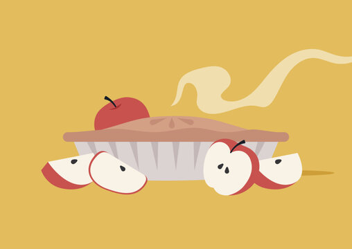 Freshly baked apple pie sits on a golden background, exuding warmth and comfort, Slices of crisp apples surround it, inviting everyone to indulge in autumn's sweet delight.