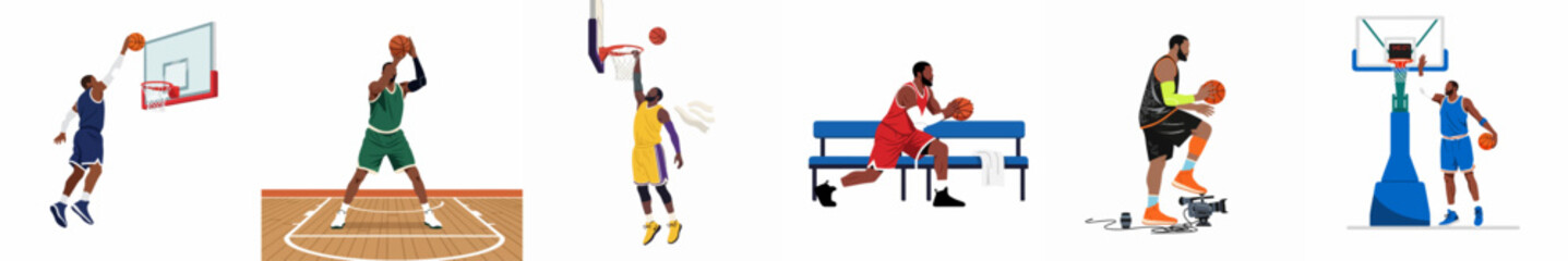 Collection of flat vector illustrations featuring professional basketball players in various game and training poses against a white background. © Maya