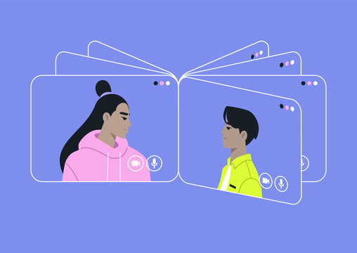 Colorful digital pages showcase two individuals in video chat, sharing thoughts and stories, This vibrant scene highlights the connection and engagement provided by technology in our lives.