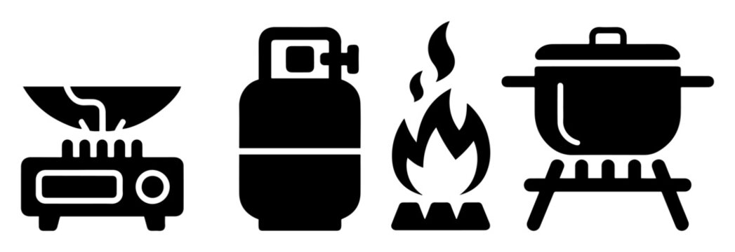 portable camping gas stove burner icon set vector