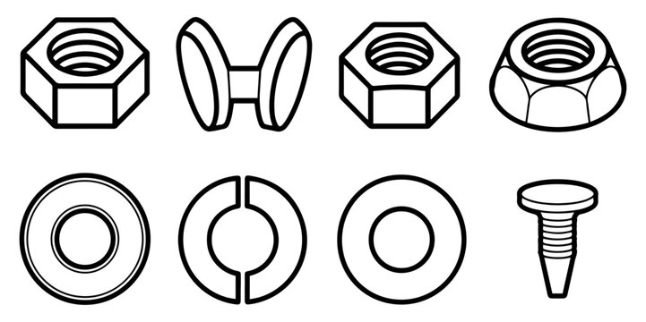 fasteners hardware nuts bolts icon set vector
