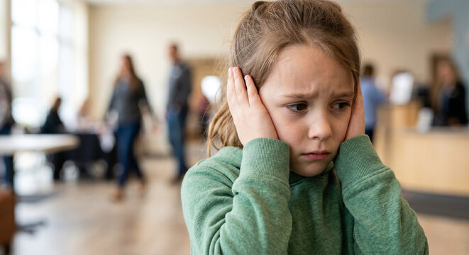 Child girl with autism holding her hand to her ear, sensitive to sound and noise