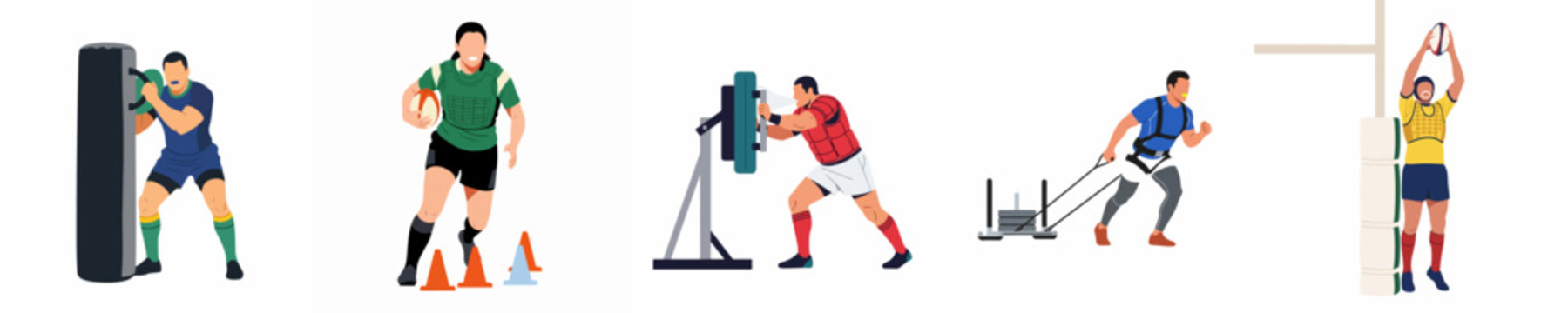 Flat illustration set of diverse rugby players performing various training exercises including tackling, agility drills, sled pulling, and jumping for the ball.