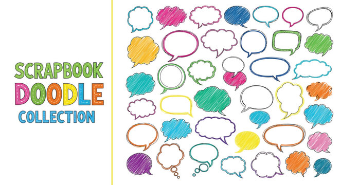 Colorful scrapbook doodle collection with speech bubbles and fun elements