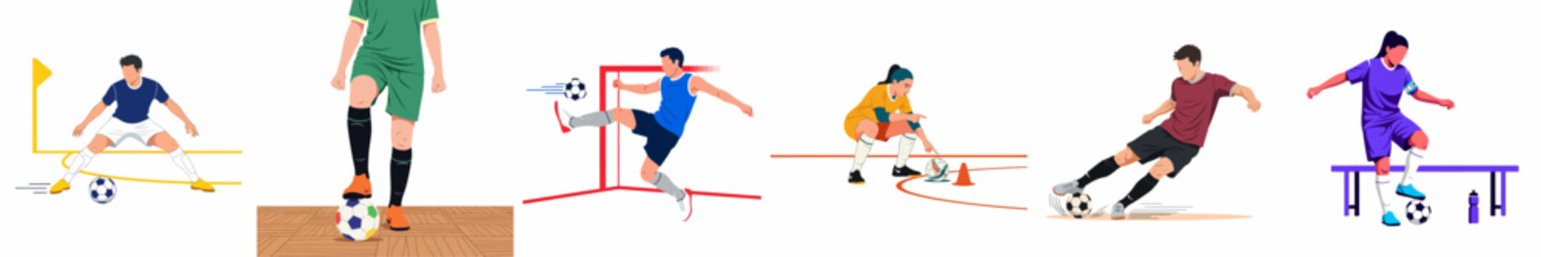 Diverse collection of soccer and futsal player illustrations featuring male and female athletes in various action poses, training drills, and match play situations.