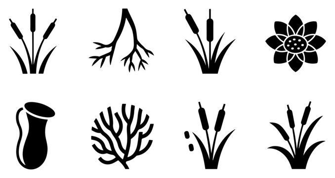 swamp water plants silhouette icons set