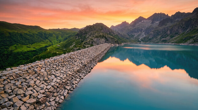 Serene beautiful dam on lake at sunset mountain