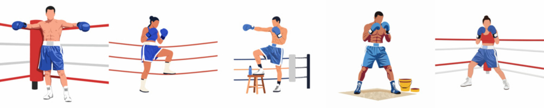 Set of flat vector illustrations featuring male and female boxers in various training poses and actions inside a boxing ring.