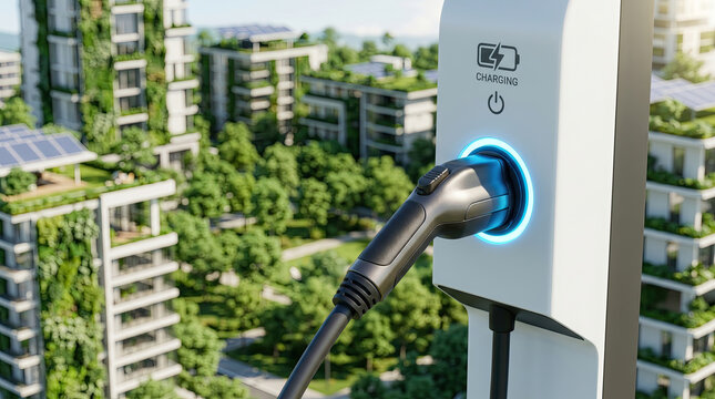 Hopeful green city with electric vehicle charging