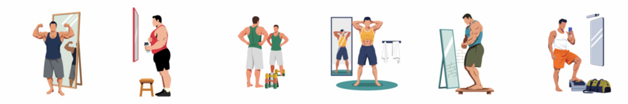 Collection of illustrations featuring men at various fitness levels assessing their progress and flexing in front of mirrors.