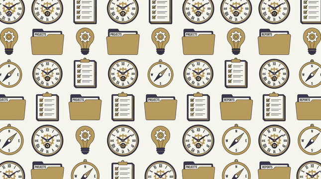 Executive productivity tools and time management symbols arranged in a sophisticated seamless repeating pattern for office themes.