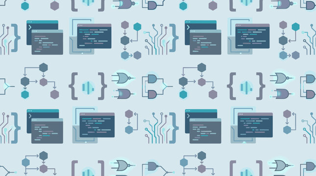 Programming and coding symbols including brackets, screens, and abstract logic elements arranged in a modern tech theme with