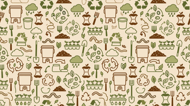 Organic recycling icons and compost management symbols forming a continuous seamless pattern for environmental awareness materials